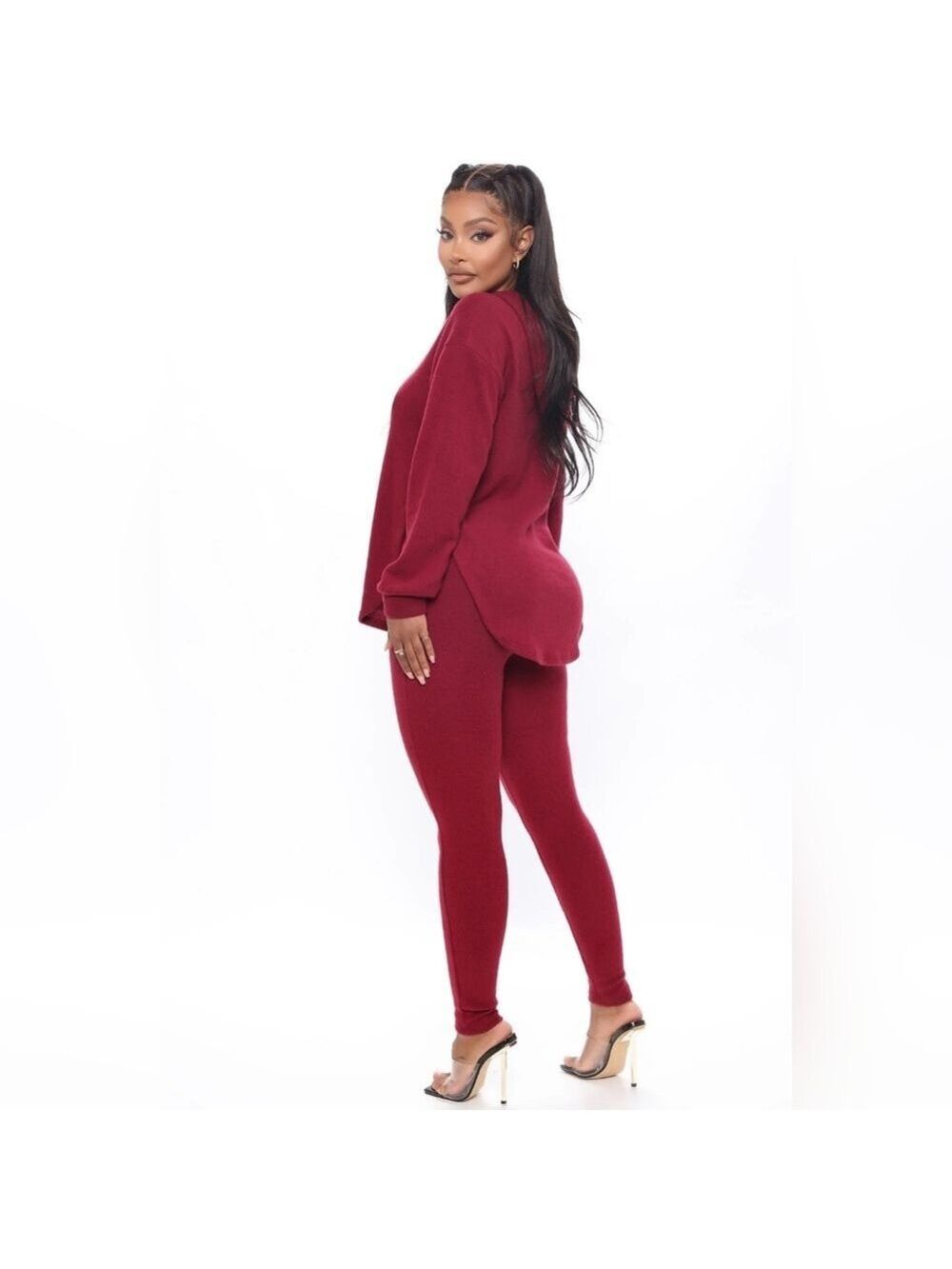 NWT Fashion Nova Set leggings & Hooded Blouse burgandy Color, Medium Size - Picture 3 of 7